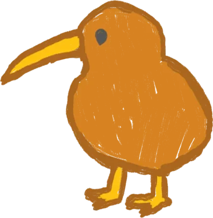 Hand-drawn kiwi in front of mountains holding colorful blocks