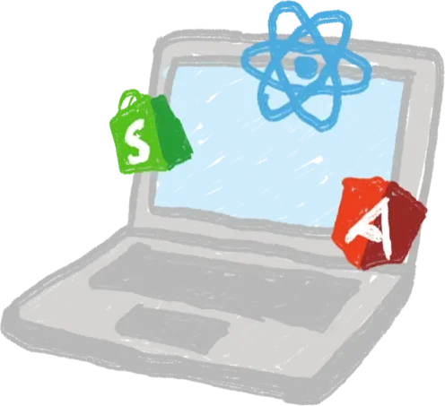 Hand-drawn laptop with React, Shopify, and Angular icons