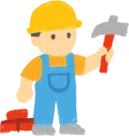 Hand-drawn builder with a hammer and toolbox, symbolizing website build